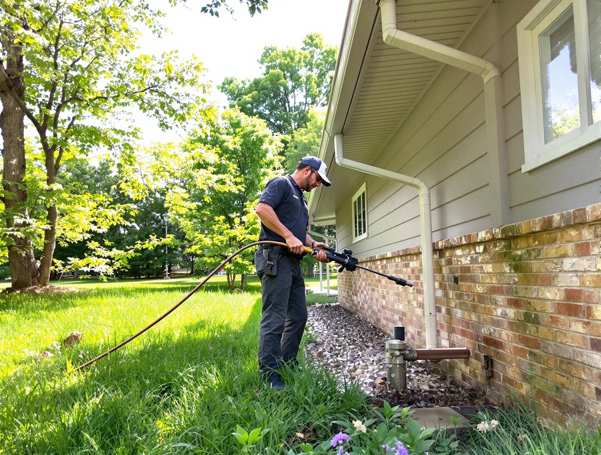 North Ridgeville Roofing Company removing debris from a downspout in North Ridgeville, OH