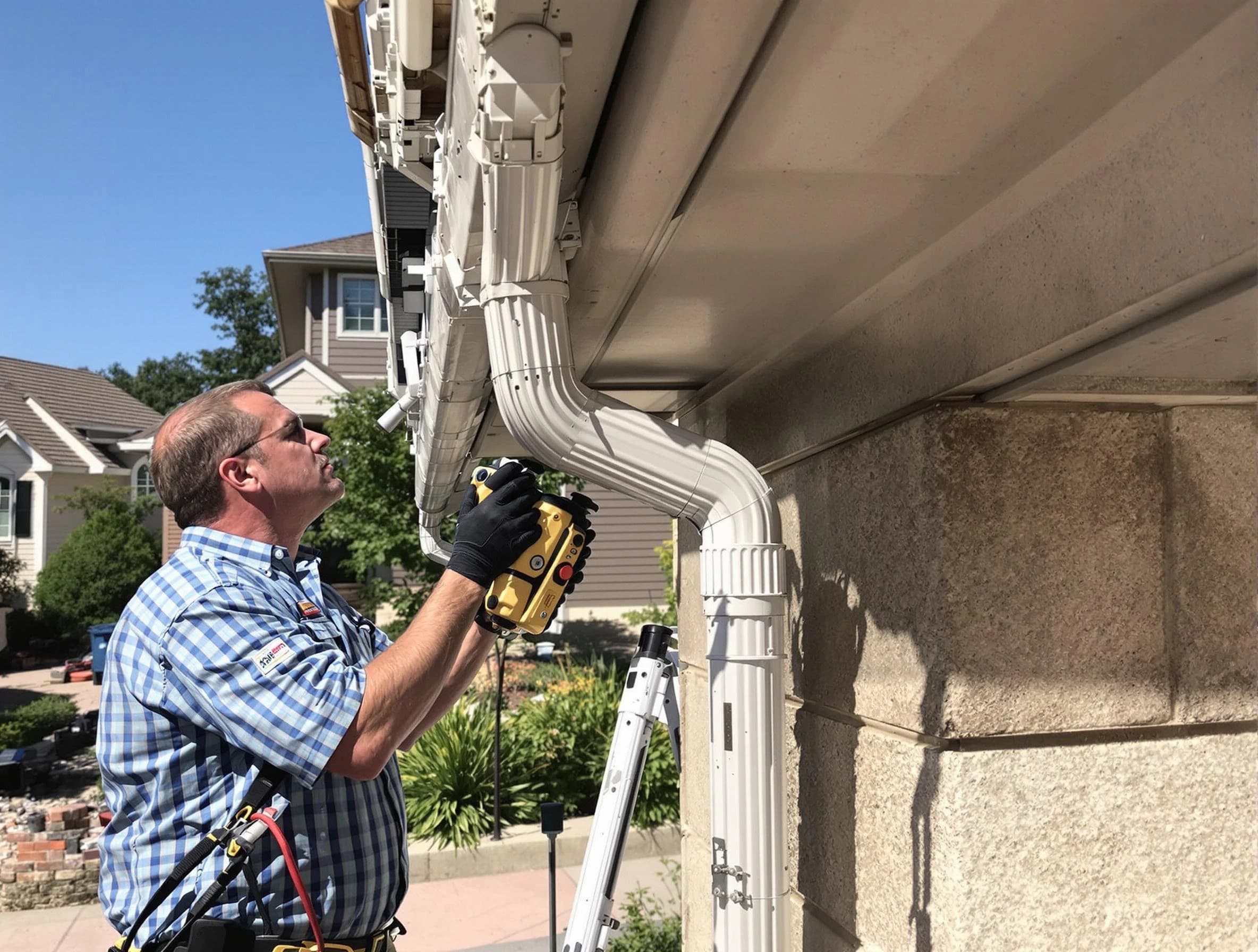 Close-up of a restored downspout system by North Ridgeville Roofing Company in North Ridgeville, OH