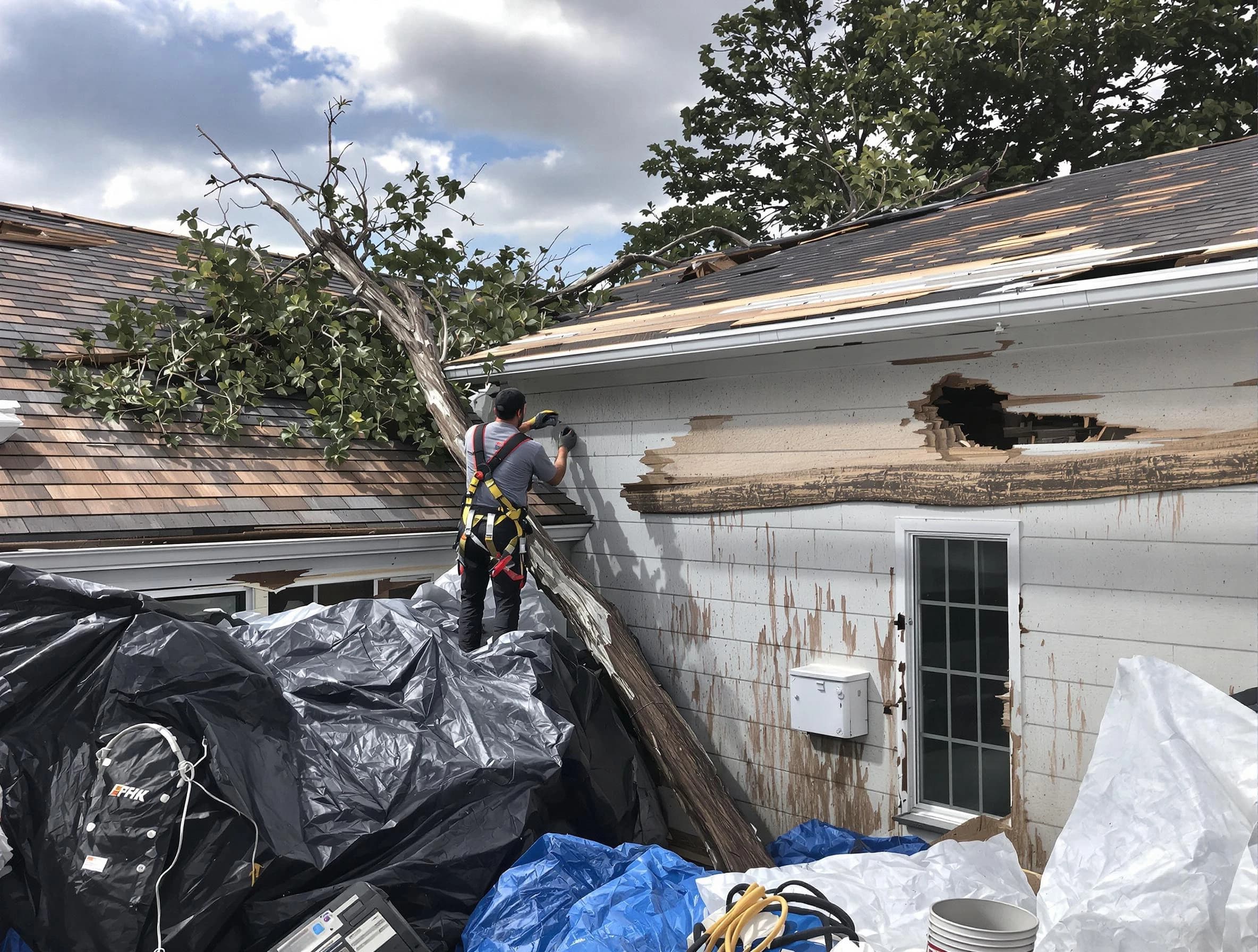 North Ridgeville Roofing Company technicians handling urgent roof damage in North Ridgeville, OH