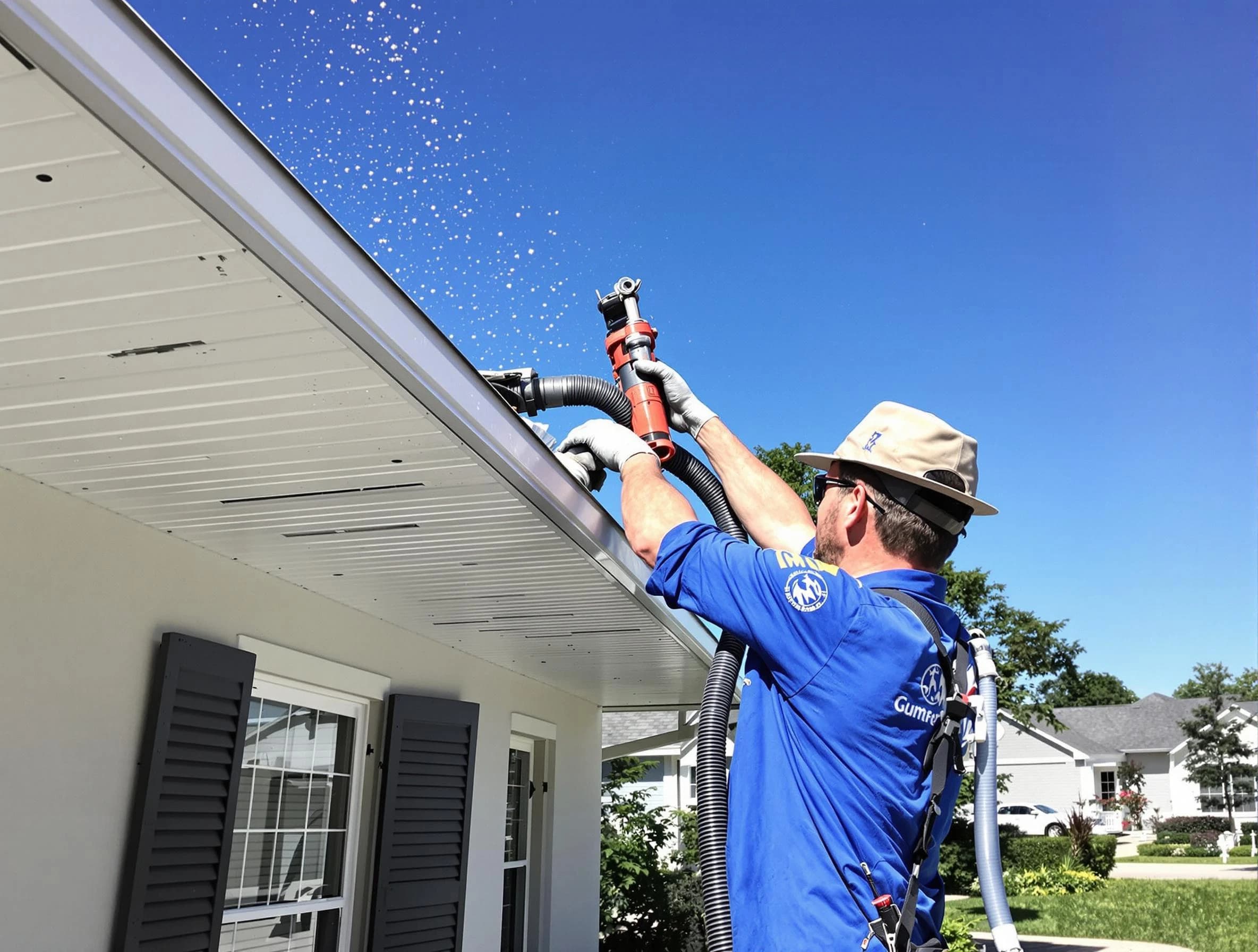 Technician completing a gutter cleaning project by North Ridgeville Roofing Company in North Ridgeville, OH